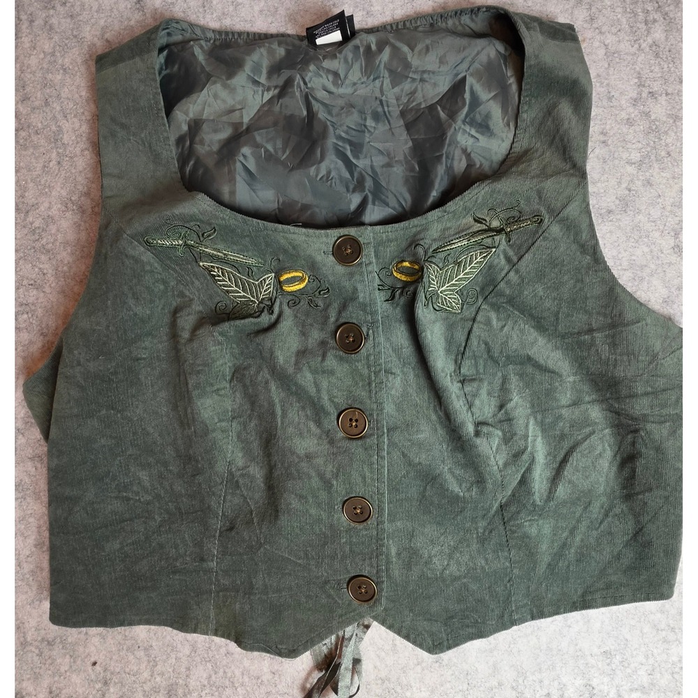 Lord of the Rings Corduroy Vest Green Embroidery Lace Up Back Renaissance Size 2